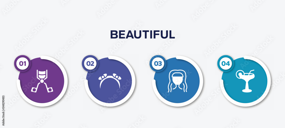 infographic element template with beautiful filled icons such as eyelash curler, headbands, hairdress, martini glass with straw vector.