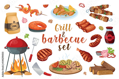 Barbecue in cartoon style set isolated elements. Vector illustration