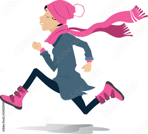 Running young woman. 
Funny running woman in the hat and big scarf. Illustration on white background
