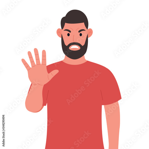 Anger. The evil man in red t-shirt expresses his negative emotions. Vector illustration.