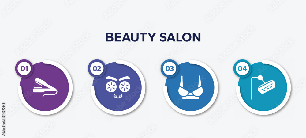 infographic element template with beauty salon filled icons such as flat iron, cucumber slices on face, women brassiere, shower head vector. infographic element template with beauty salon filled icons such as flat iron, cucumber slices on face, women brassiere, shower head vector.