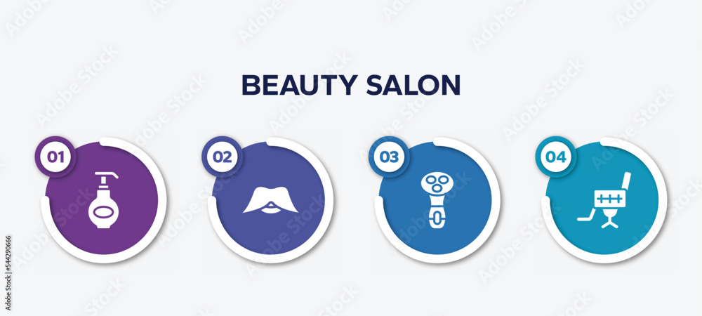 infographic element template with beauty salon filled icons such as moisturizing lotion, big moustache, electric shaver for women, beauty salon chair vector.