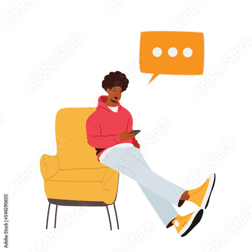 Gadget Technologies, Cellphone Communication Concept. Black Teenager Male Character Looking on Screen of Smartphone