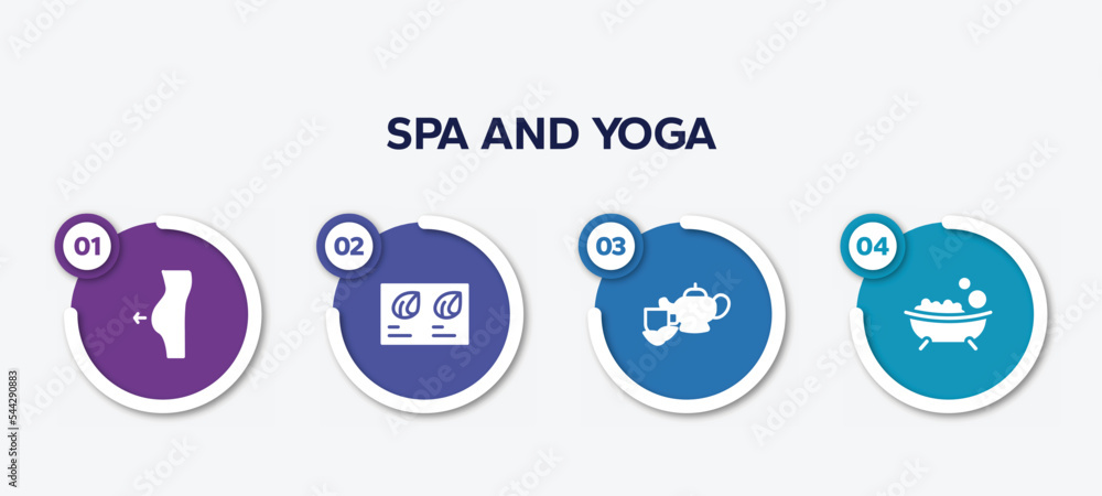 infographic element template with spa and yoga filled icons such as liposuction, hair color sample, herbal, bath salt bomb vector.