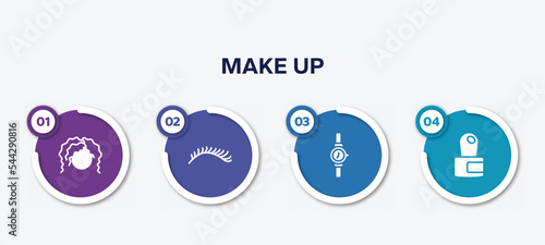 infographic element template with make up filled icons such as curling hair, eyelashes, wrist watch, cuticle vector.