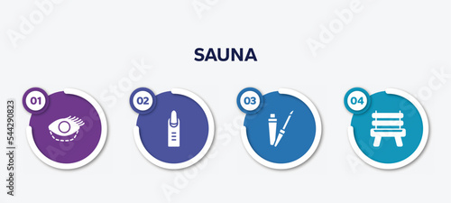infographic element template with sauna filled icons such as blepharoplasty, nail, lip gloss, wooden chair vector.