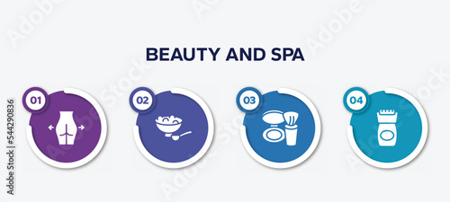 infographic element template with beauty and spa filled icons such as gluteus, salt, blush, epilator vector.