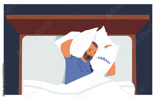 Male Character Suffer Of Insomnia Due To Snore Or Loud Noise In Night Room. Anxious Man Cover Ears With Pillows