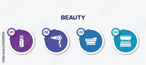 infographic element template with beauty filled icons such as hair spray, hairdryer, bathtube, eye shadow vector.