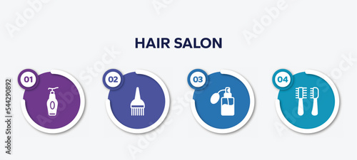 infographic element template with hair salon filled icons such as face cleanser, brush tool, perfume, pets hair salon tools kit vector.