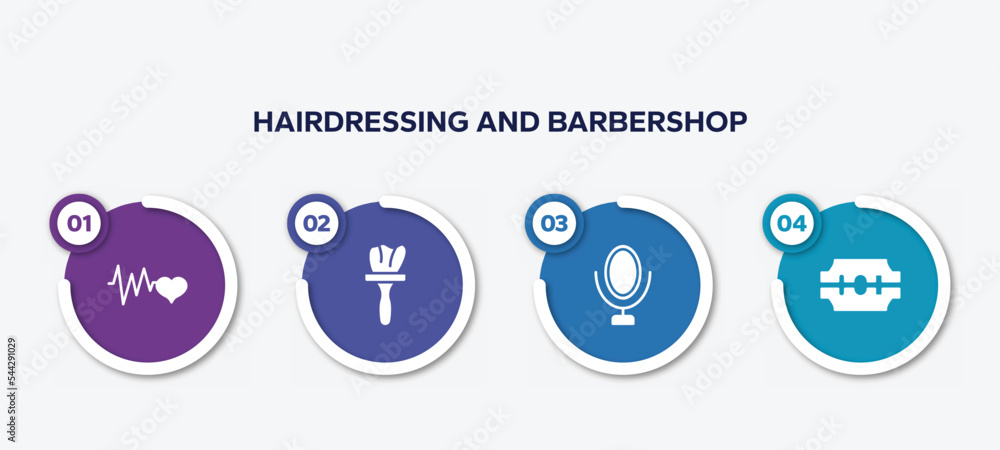 infographic element template with hairdressing and barbershop filled icons such as cardiogram, tint, mirrors, razorblade vector. infographic element template with hairdressing and barbershop filled icons such as cardiogram, tint, mirrors, razorblade vector.