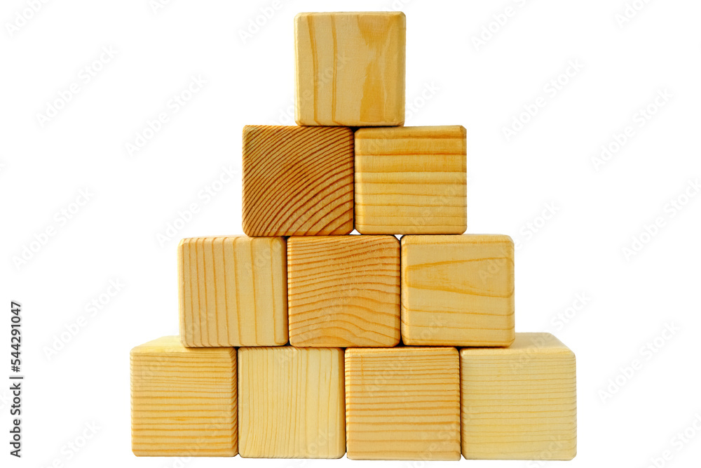 Pyramid of ten wooden cubes, on a white background. wooden cube business concept Pyramid of ten wooden cubes, on a white background. wooden cube business concept