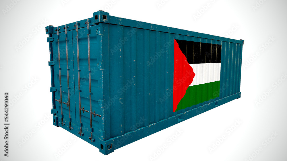 Isolated 3d rendering shipping sea cargo container textured with National flag of Palestine. Isolated 3d rendering shipping sea cargo container textured with National flag of Palestine.