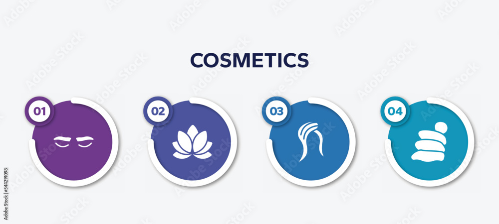 infographic element template with cosmetics filled icons such as lashes, lily, hair style, snail slime vector. infographic element template with cosmetics filled icons such as lashes, lily, hair style, snail slime vector.