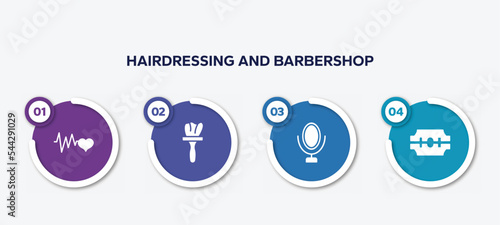 infographic element template with hairdressing and barbershop filled icons such as cardiogram, tint, mirrors, razorblade vector.