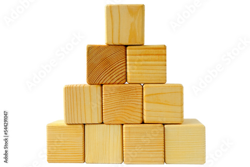 Pyramid of ten wooden cubes  on a white background. wooden cube business concept