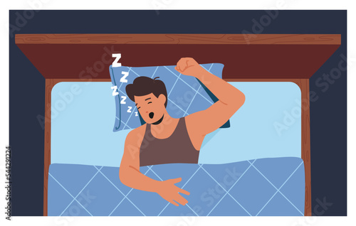 Snoring Young Man Lying In Bed Top View, Male Character Loudly Snore With Open Mouth While Deep Sleep