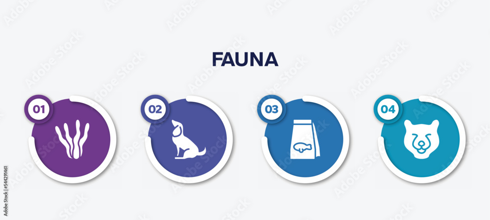 infographic element template with fauna filled icons such as aae, sitting dog, fish food, bear head vector.