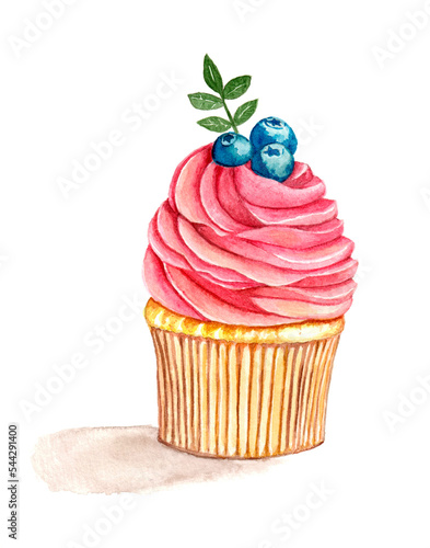 Watercolor cupcake with pinck cream photo