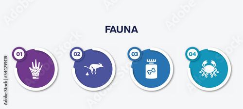 infographic element template with fauna filled icons such as grooming glove, dog poo, honey treat, big crab vector.