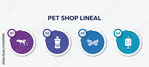 infographic element template with pet shop lineal filled icons such as dog urinating, shampoo, jerky treats, sponge filter vector.