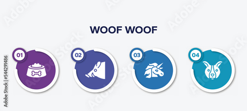 infographic element template with woof woof filled icons such as dog food bowl, boar head, unicorn, dog face vector.