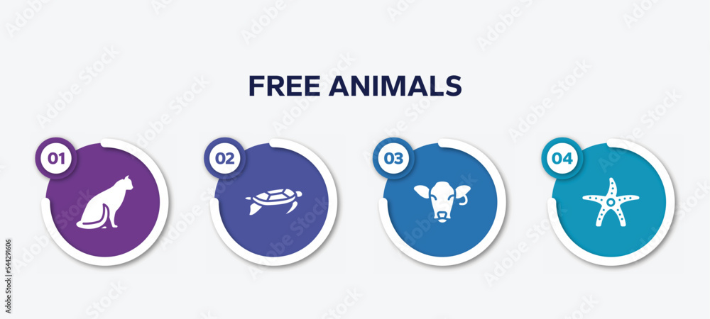 infographic element template with free animals filled icons such as sitting cat, swimming turtle, cow head, starfish with dots vector. infographic element template with free animals filled icons such as sitting cat, swimming turtle, cow head, starfish with dots vector.