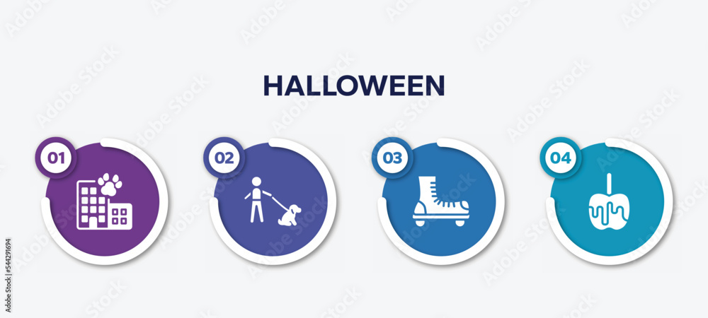 infographic element template with halloween filled icons such as hotel building, dog with owner, roller skate, caramelized vector.