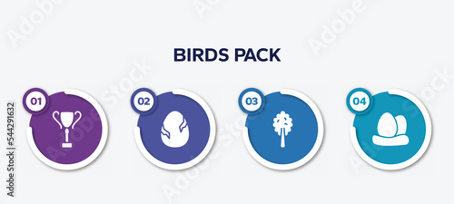 infographic element template with birds pack filled icons such as trophy cup, egg with a crack, plain tree, egg vector.