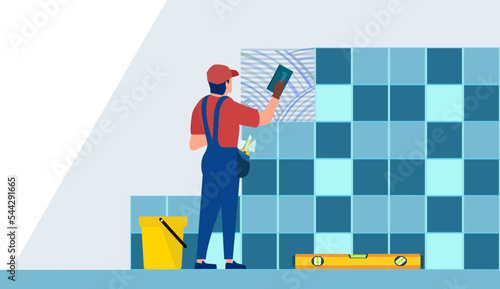 Vector of professional tiler installing tiles on a wall.