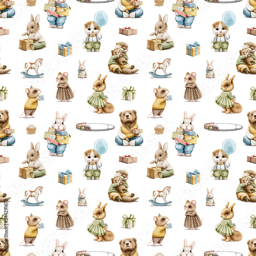 Fototapeta Naklejka Na Ścianę i Meble -  Watercolor seamless pattern with vintage multicolor happy birthday animals in clothes and presents isolated on white background. Hand drawn illustration sketch