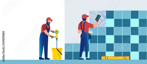 Vector of professional tilers installing tiles on a wall.