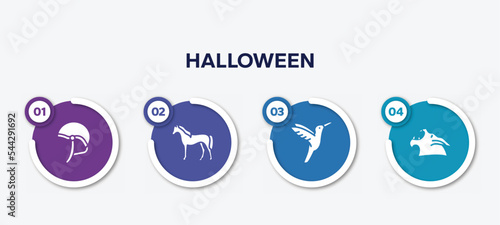 infographic element template with halloween filled icons such as jockey hat, horse standing, hummingbird, werewolf vector.