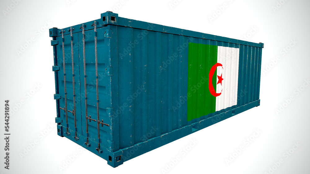 Isolated 3d rendering shipping sea cargo container textured with National flag of Аlgeria. Isolated 3d rendering shipping sea cargo container textured with National flag of Аlgeria.