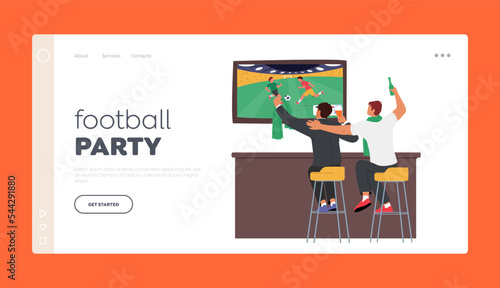 Football Party Landing Page Template. Football Fans Watching Match, Male Characters Soccer Supporters Cheering