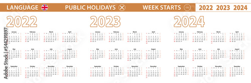 Fototapeta 2022, 2023, 2024 year vector calendar in English language, week starts on Sunday