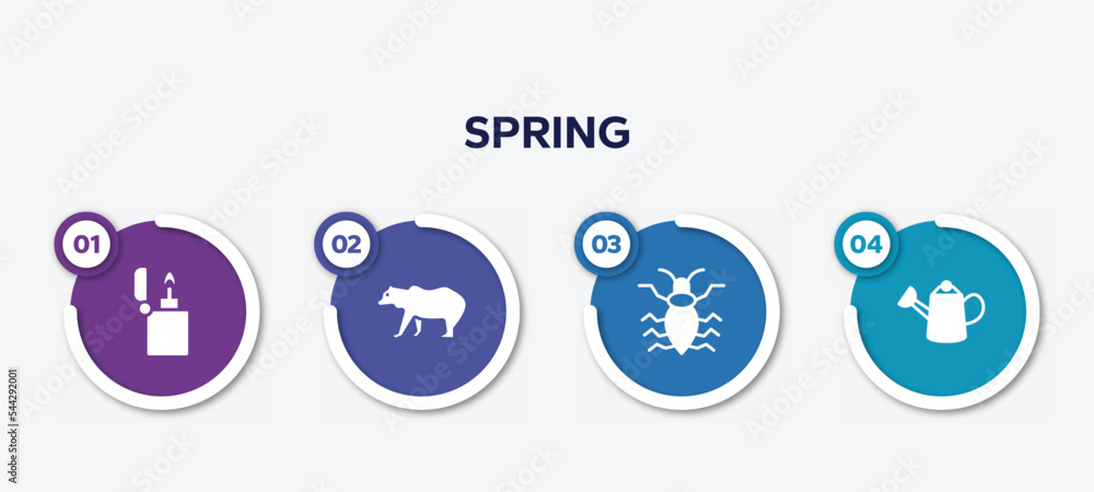 infographic element template with spring filled icons such as lighter, grizzly bear, antlion, watering can vector.
