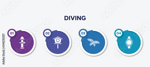 infographic element template with diving filled icons such as fire hydrant, birdhouse, chrysalid, diving watch vector.