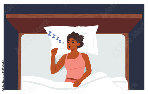Sleep Apnea, Snoring, Fast Asleep Concept. Young Woman Lying In Bed Loudly Snore With Open Mouth While Deep Sleep
