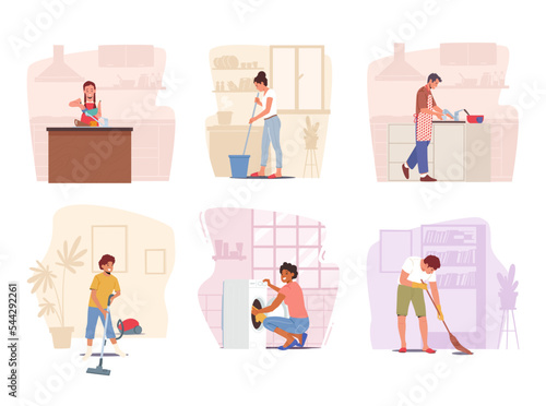 Set Family Cleaning Home. Parents and Kids Characters Washing Dishes and Clothes, Sweeping and Mopping the Floor