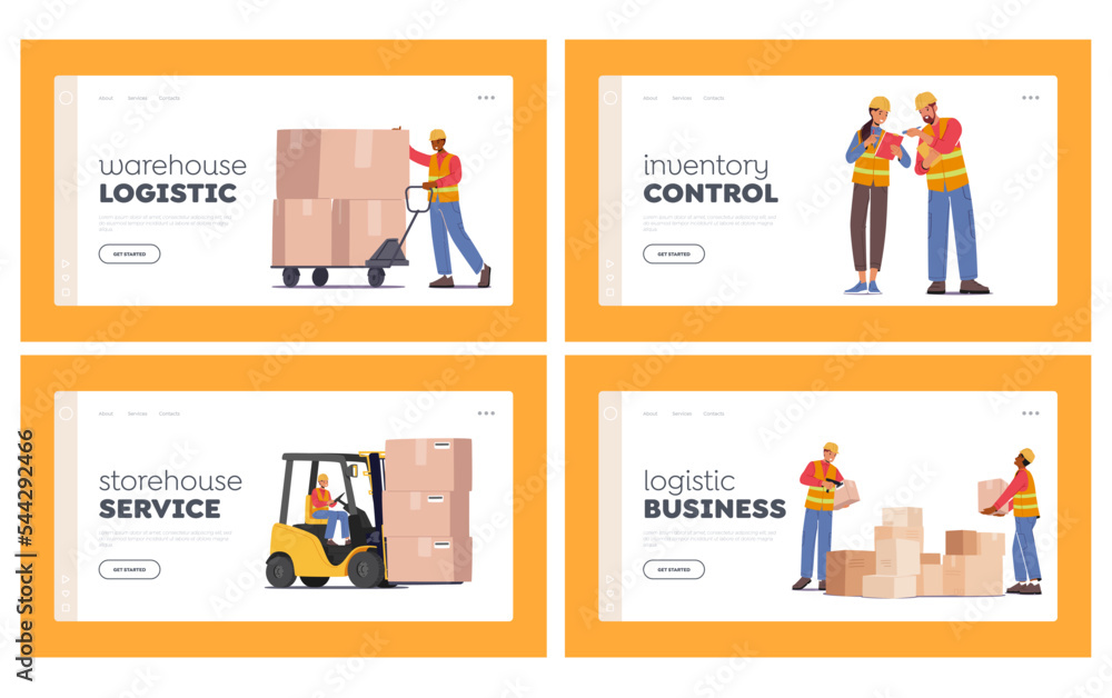 Industrial Warehouse Logistics and Merchandising Landing Page Template Set. Worker Characters Loading Boxes