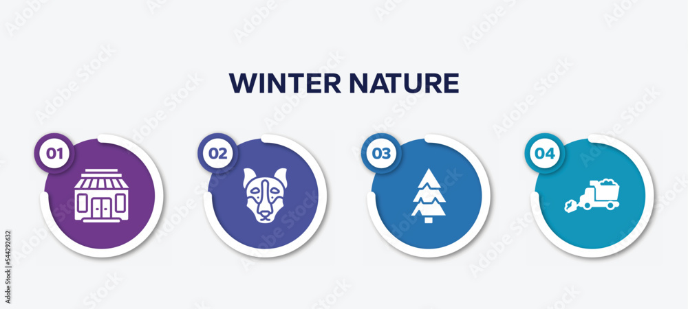 infographic element template with winter nature filled icons such as gift shop, siberian husky, pine, snowplow vector. infographic element template with winter nature filled icons such as gift shop, siberian husky, pine, snowplow vector.
