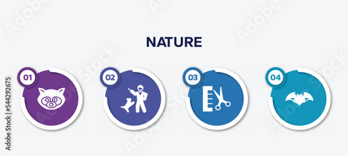 infographic element template with nature filled icons such as raccoon, dog training, groomer, bat vector.