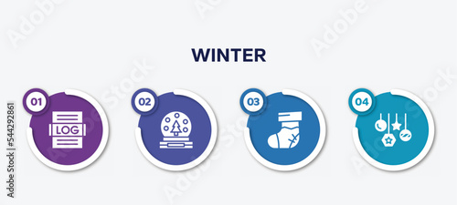 infographic element template with winter filled icons such as logs, snow globe, christmas sock, bauble vector.