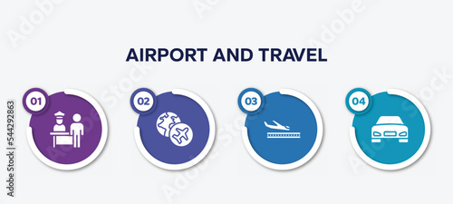 infographic element template with airport and travel filled icons such as airport check in, travelling globe, plane landing, front car vector.