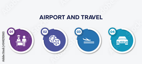 infographic element template with airport and travel filled icons such as airport check in  travelling globe  plane landing  front car vector.