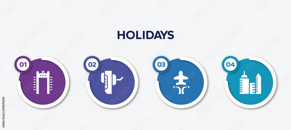 infographic element template with holidays filled icons such as airport security portal, breathalyzer, airplanes and arrows, modern hotel vector. infographic element template with holidays filled icons such as airport security portal, breathalyzer, airplanes and arrows, modern hotel vector.