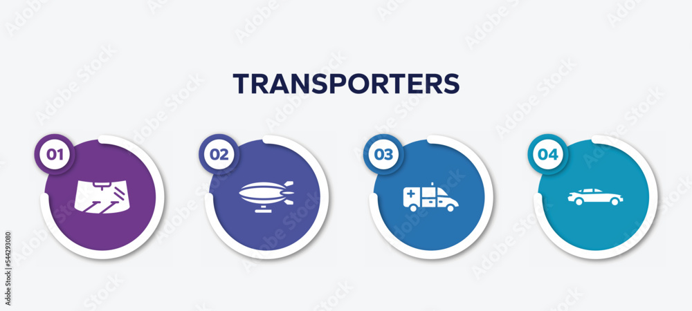 infographic element template with transporters filled icons such as windscreen, airship side view, ambulance side view, car side view vector. infographic element template with transporters filled icons such as windscreen, airship side view, ambulance side view, car side view vector.