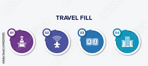 infographic element template with travel fill filled icons such as airport worker, airport flight info, toilets, hotel vector.