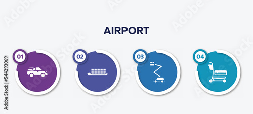 infographic element template with airport filled icons such as electric car side view, container ship side view, aerial lift, airport cart vector.